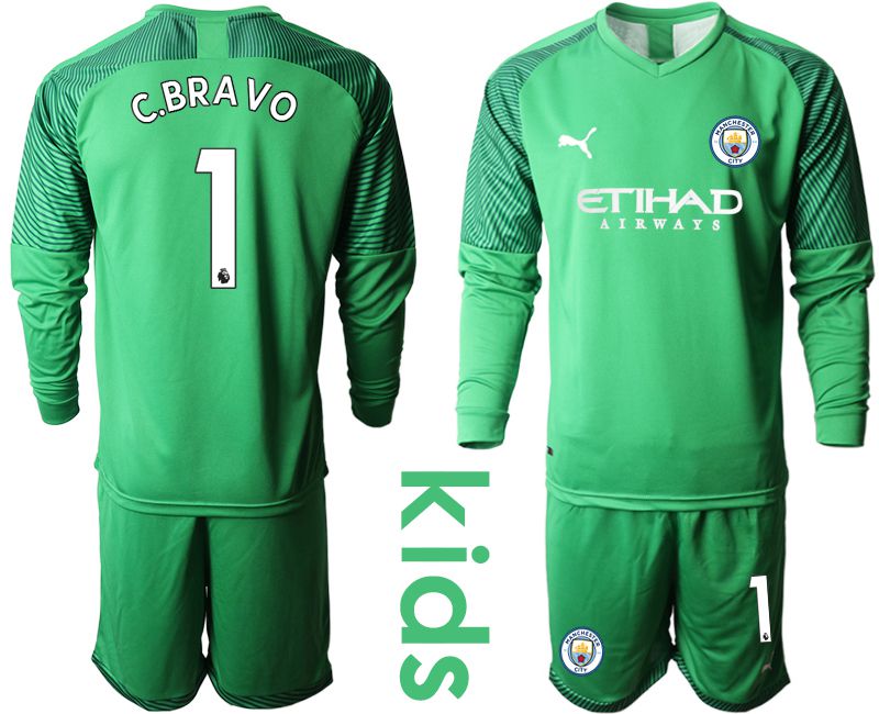 Youth 2019-2020 club Manchester City green goalkeeper long sleeve #1  Soccer Jerseys->manchester city jersey->Soccer Club Jersey